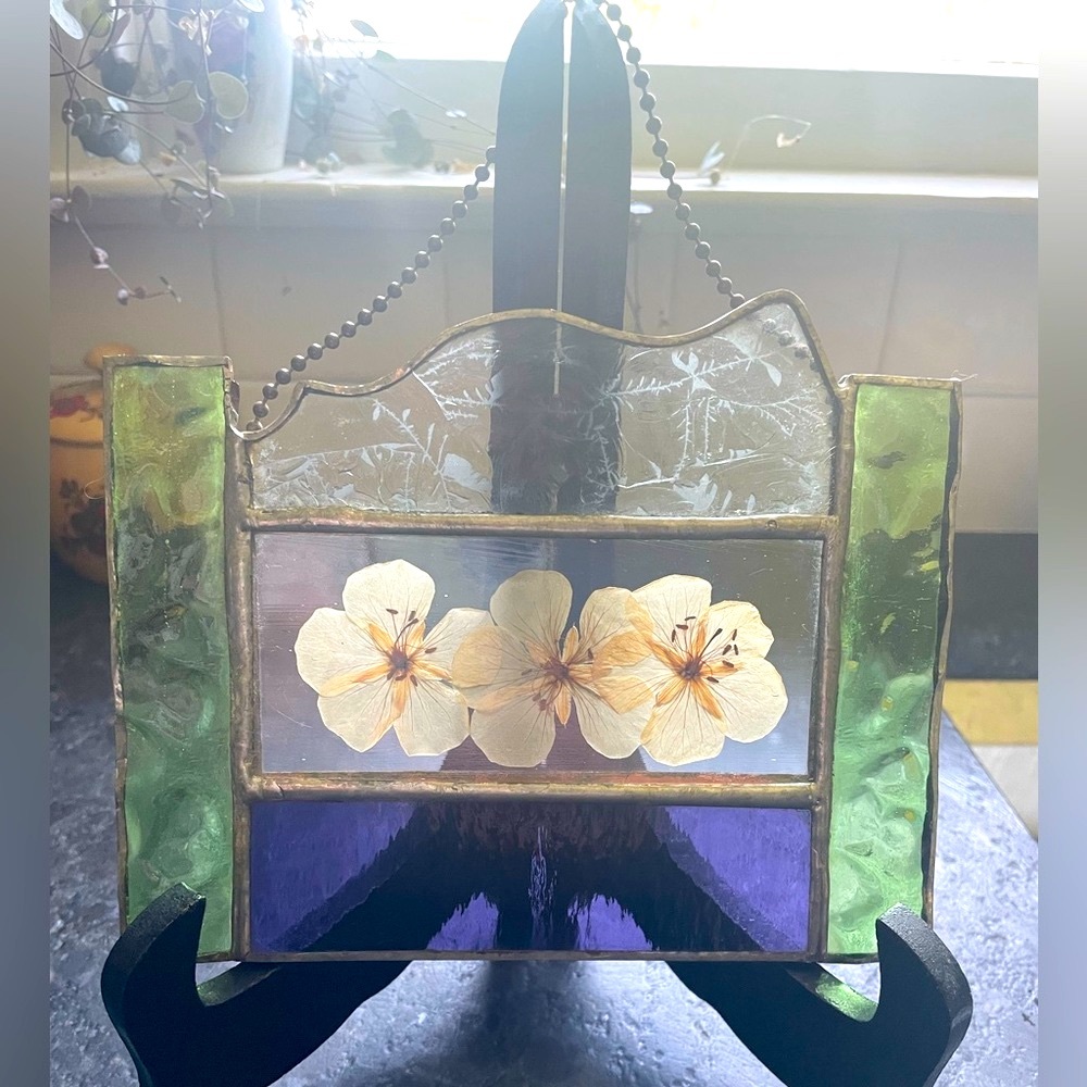 Stained glass pressed flowers window sun catcher